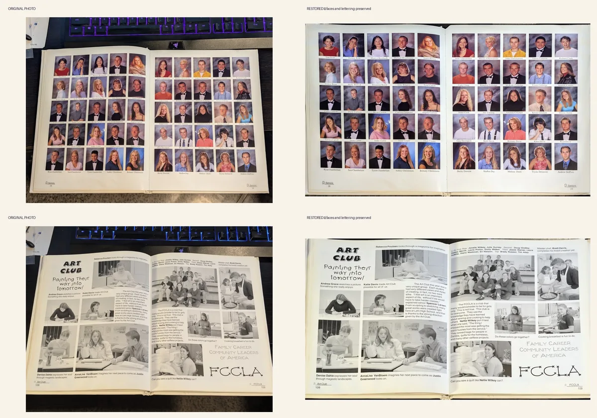 Two existing Lehi 2002 spreads: original phone photographs on the left, cropped and tonally corrected archive images on the right